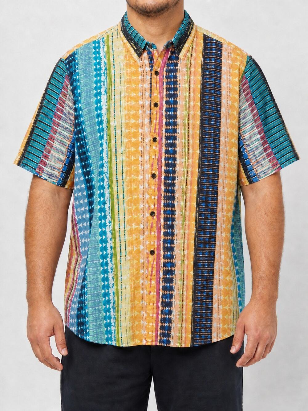 VatPave Shirt Mens 2XL Blue Yellow Geometric Short Sleeve Classic Button-Up